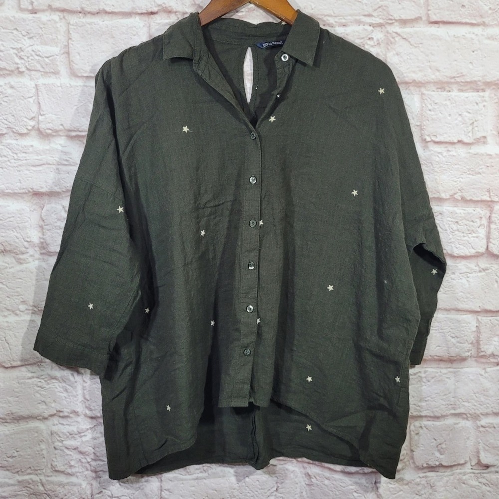 Zara Dark Forest Green Embroidered Stars Button Up Half Sleeve Blouse